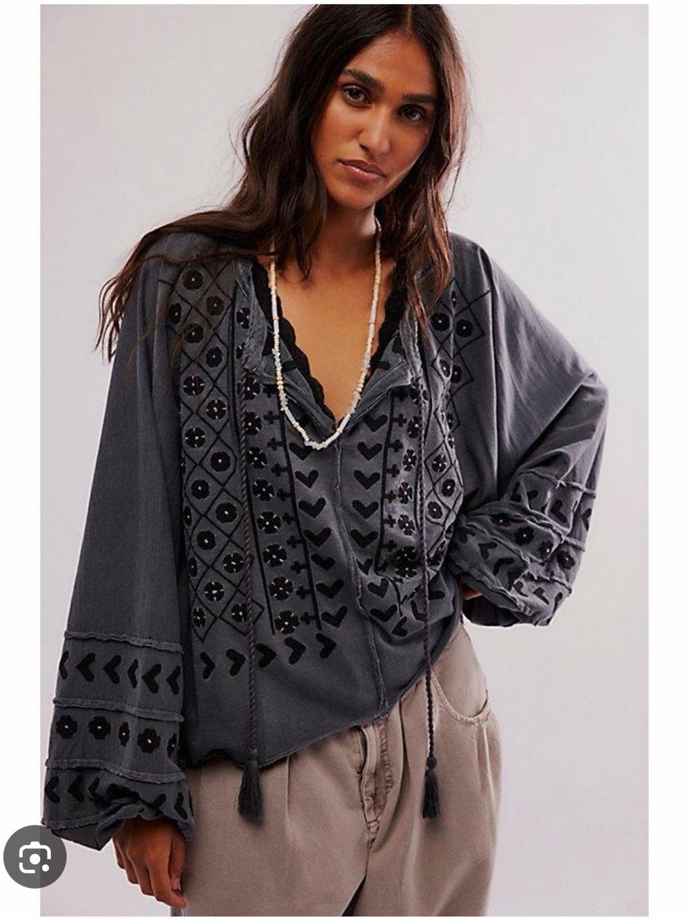 Free People Charcoal Embellished Peasant Blouse